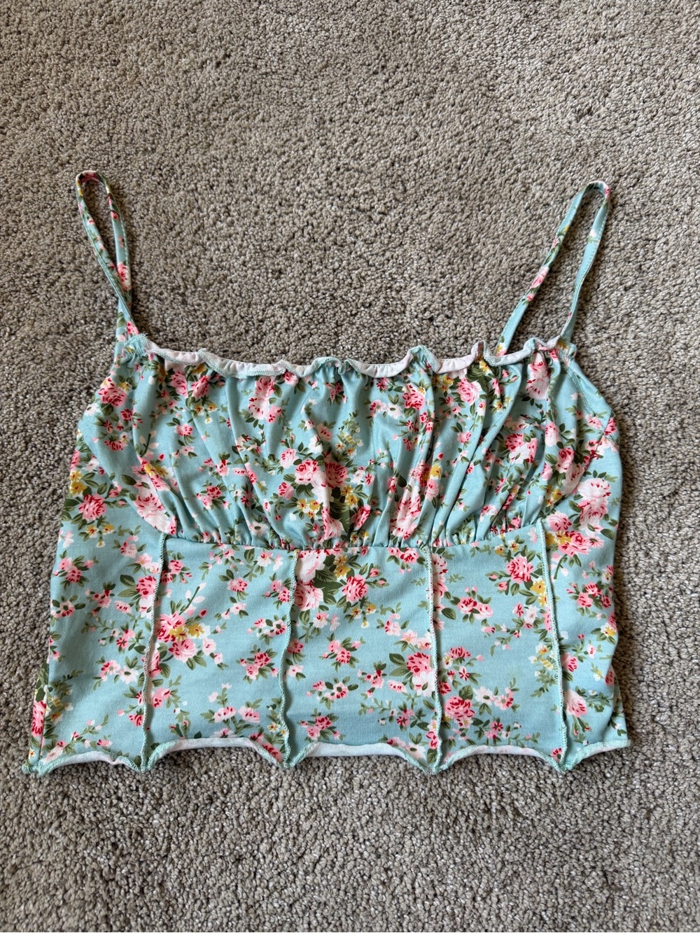 SHEIN Mint Floral Smocked Cami with Pink Rose Print